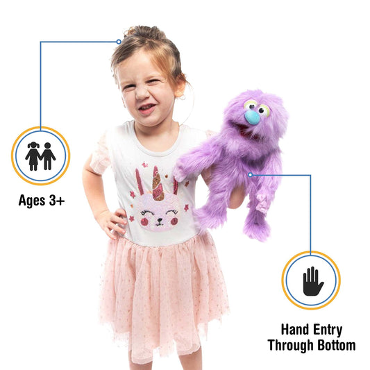Silly Puppets movable mouth purple monster puppet demonstrates easy mouth action for kids.