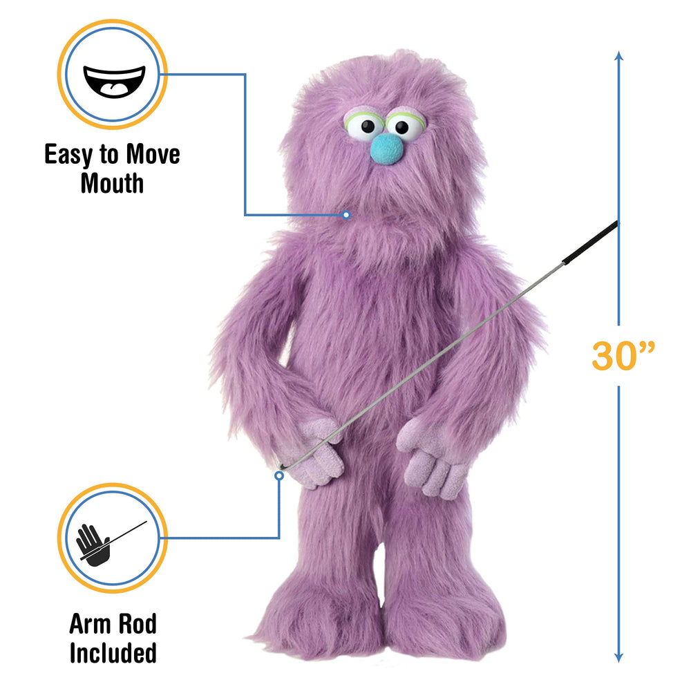 Silly Puppets purple monster puppet mouth action enhances character animation during shows.