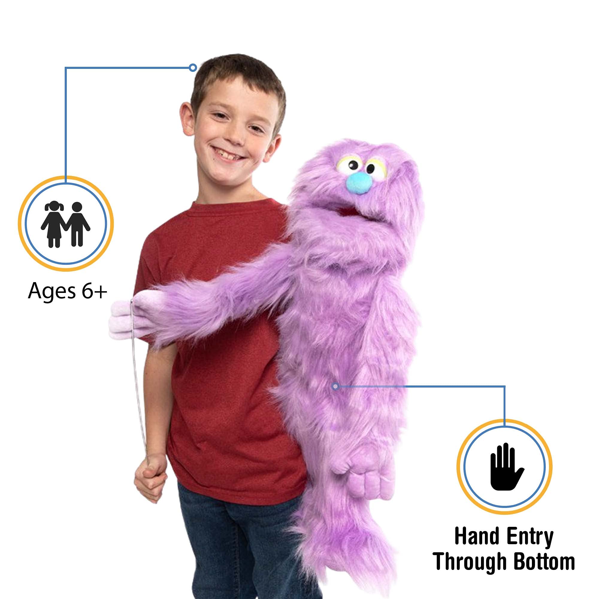 Silly Puppets purple monster puppet shows large 30-inch eyes for expressive stage acting.