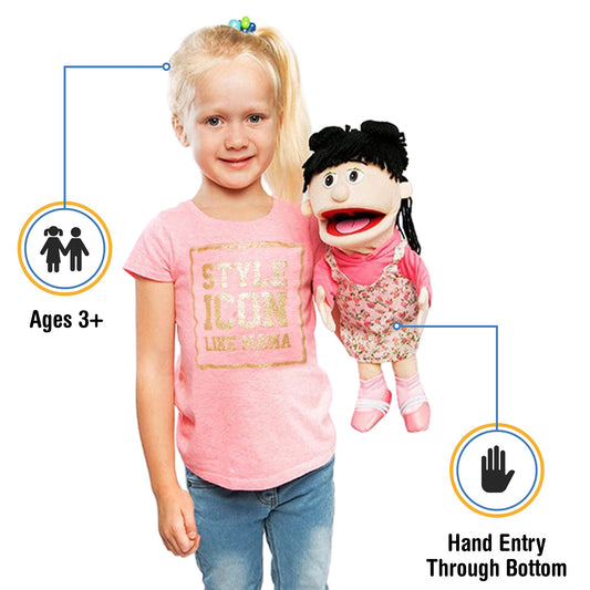 Silly Puppets Susie Peach Girl shows easy hand entry for kids' pretend play.