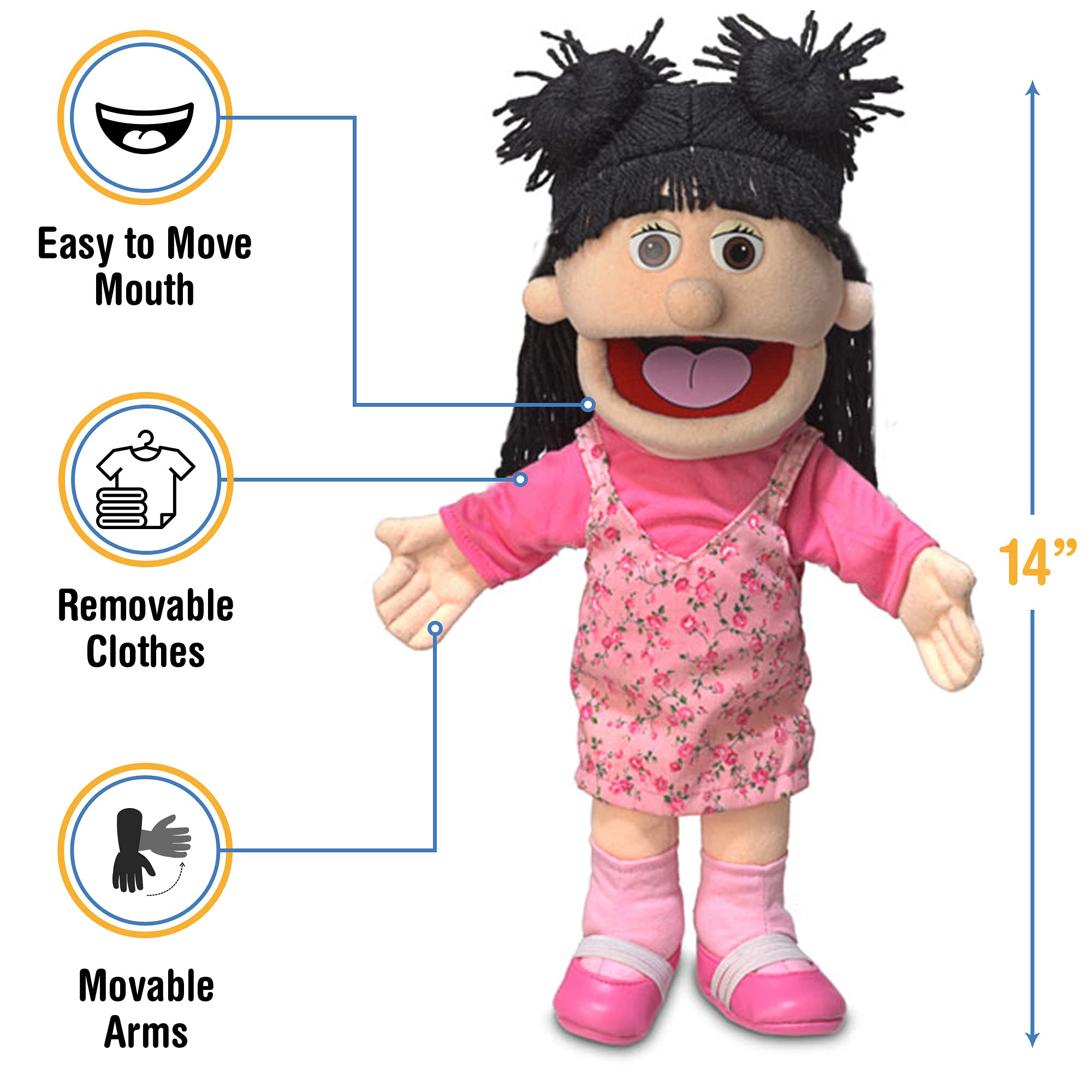 Silly Puppets Susie Peach Girl measures 14 inches for engaging home play.