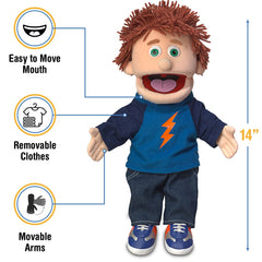 Silly Puppets Tommy Peach Boy puppet back view shows removable clothes.