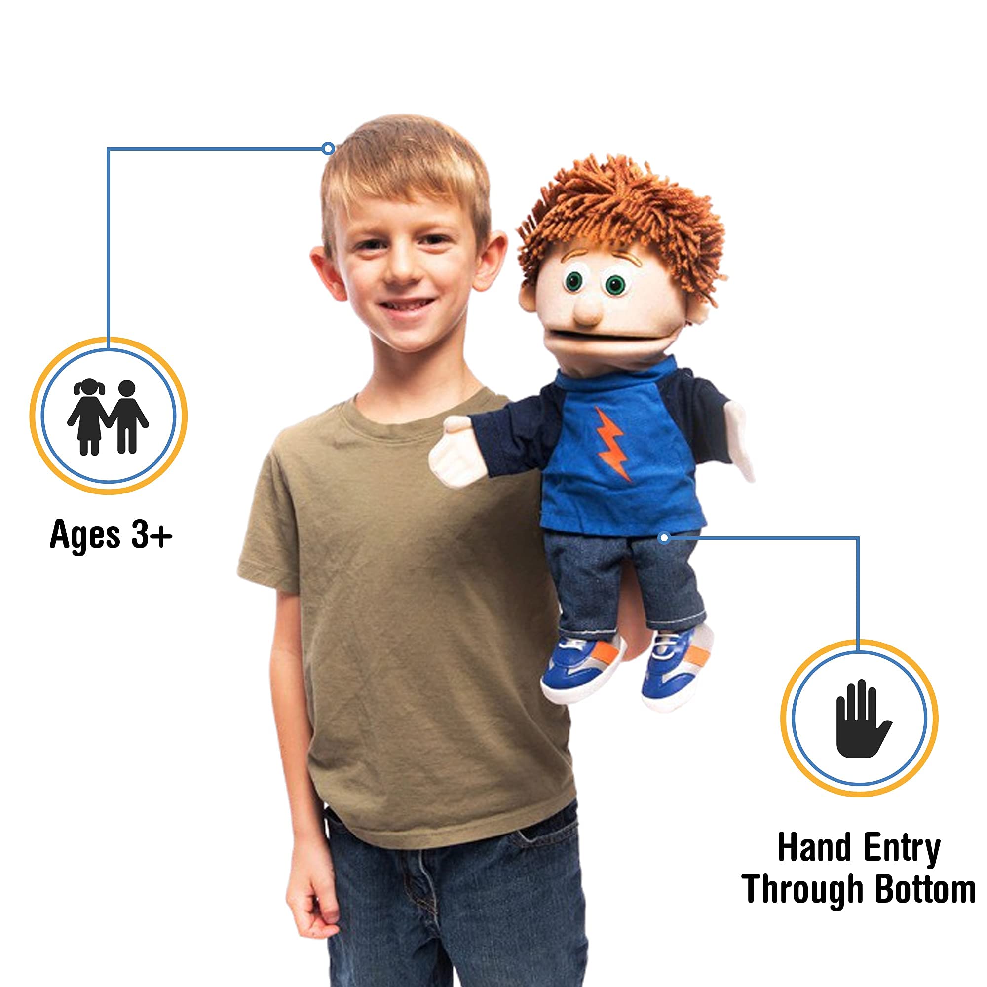 Silly Puppets Tommy Peach Boy puppet side angle supports storytelling and pretend play.
