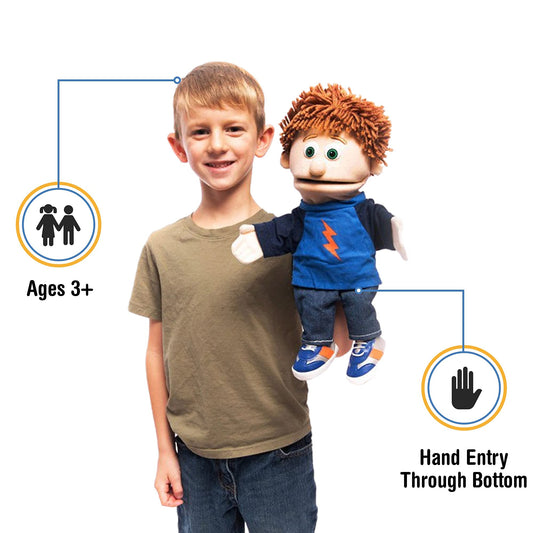 Silly Puppets Tommy Peach Boy puppet side angle supports storytelling and pretend play.