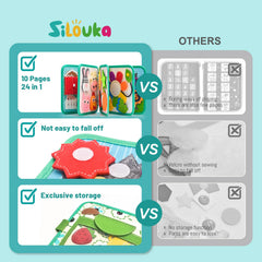Silouka Montessori Busy Book page showing buckles for fine motor practice away from screens.