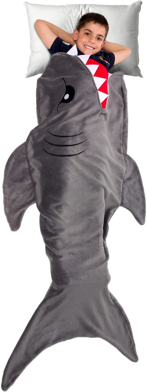 Silver Lilly Shark Tail Blanket face detail with fierce eyes for imaginative play.