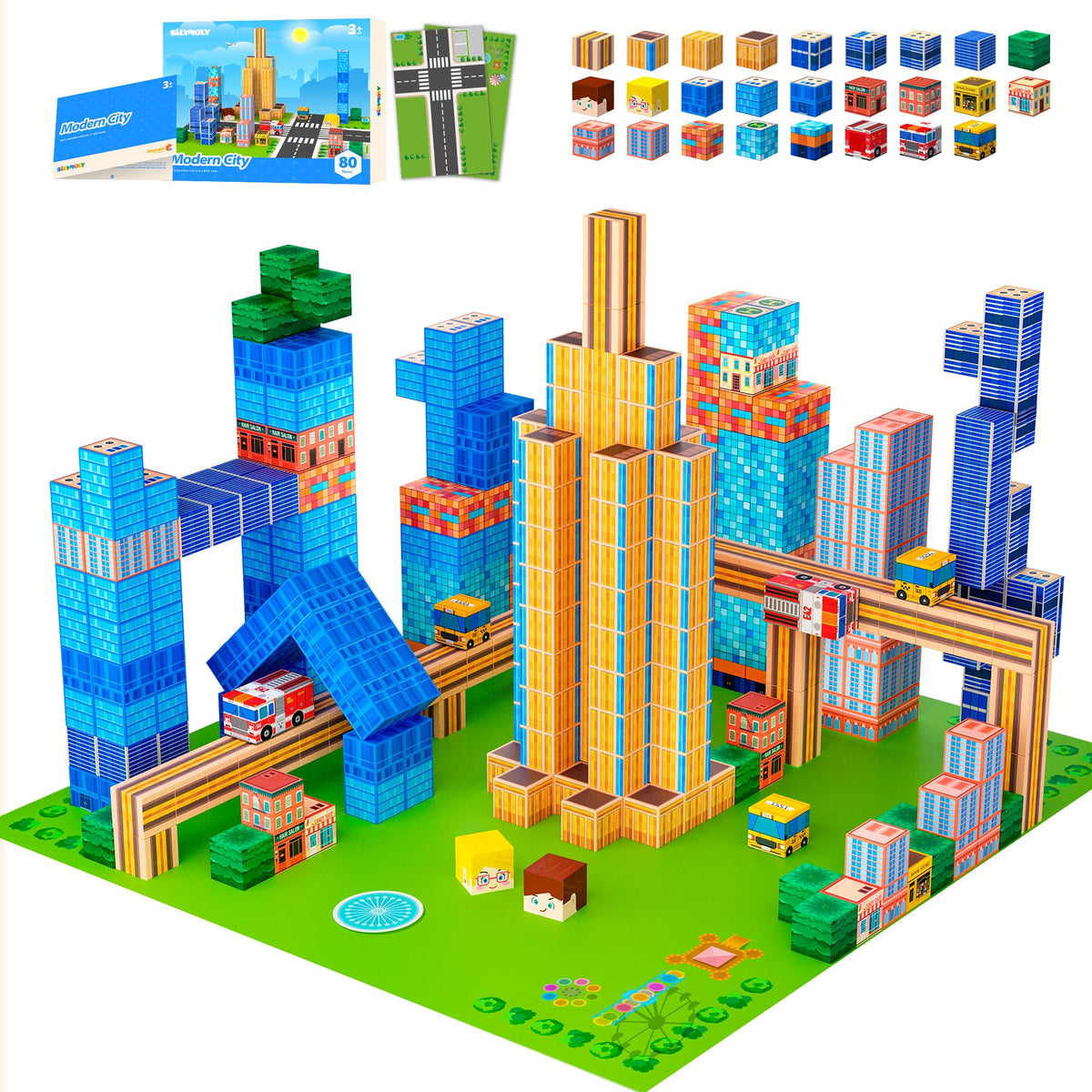 SILYMOLY Modern City Edition assembly shows kids building a futuristic skyline.