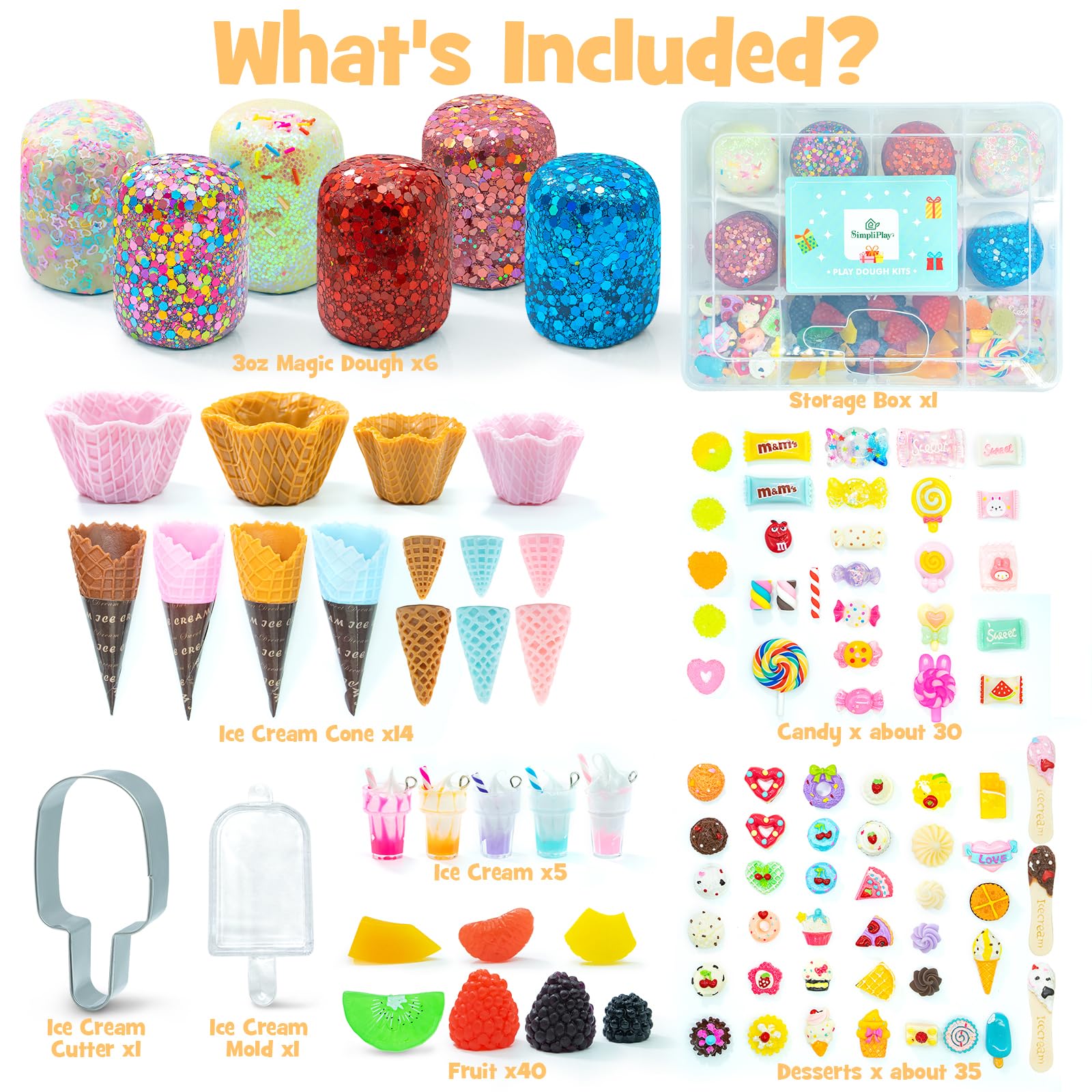 SIMPLIPLAY accessories like cones and molds arranged for pretend desserts