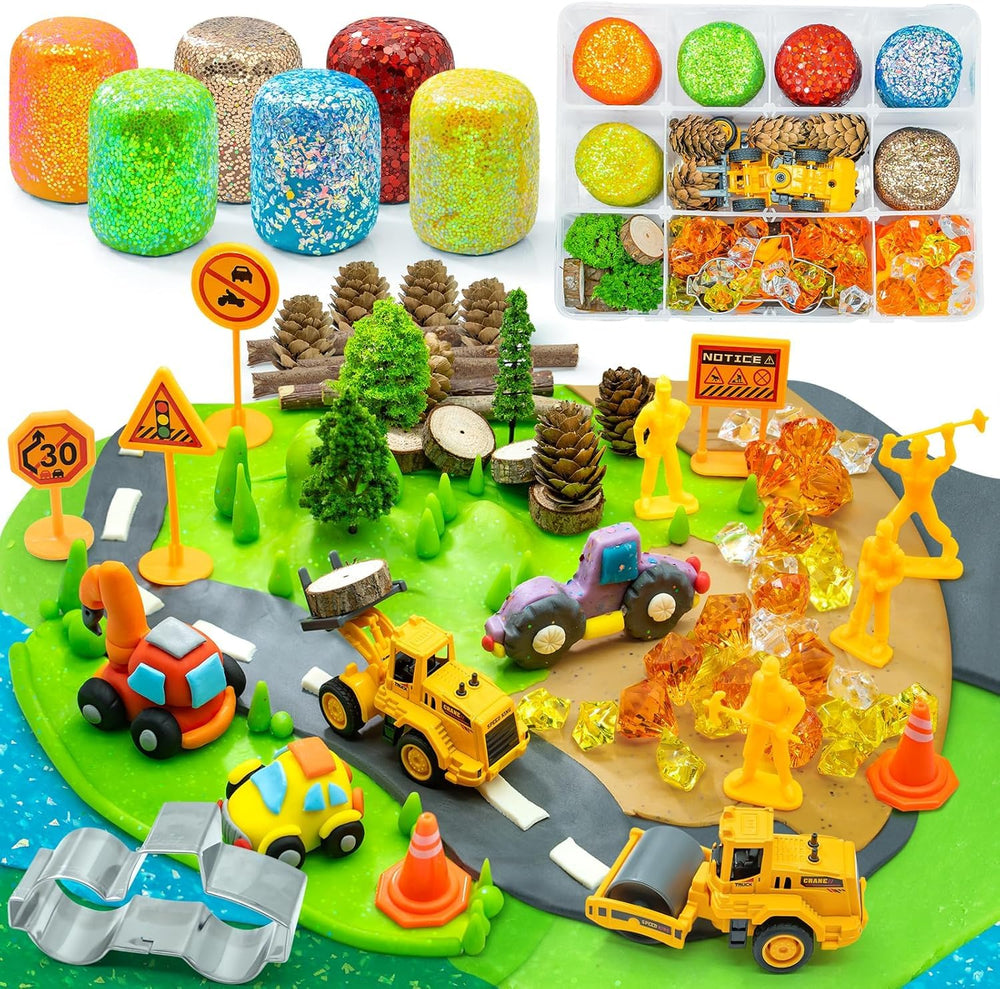 SIMPLIPLAY Construction Sensory Kit showing dough and trucks for imaginative building play