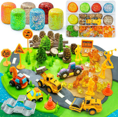 SIMPLIPLAY Construction Sensory Kit showing dough and trucks for imaginative building play