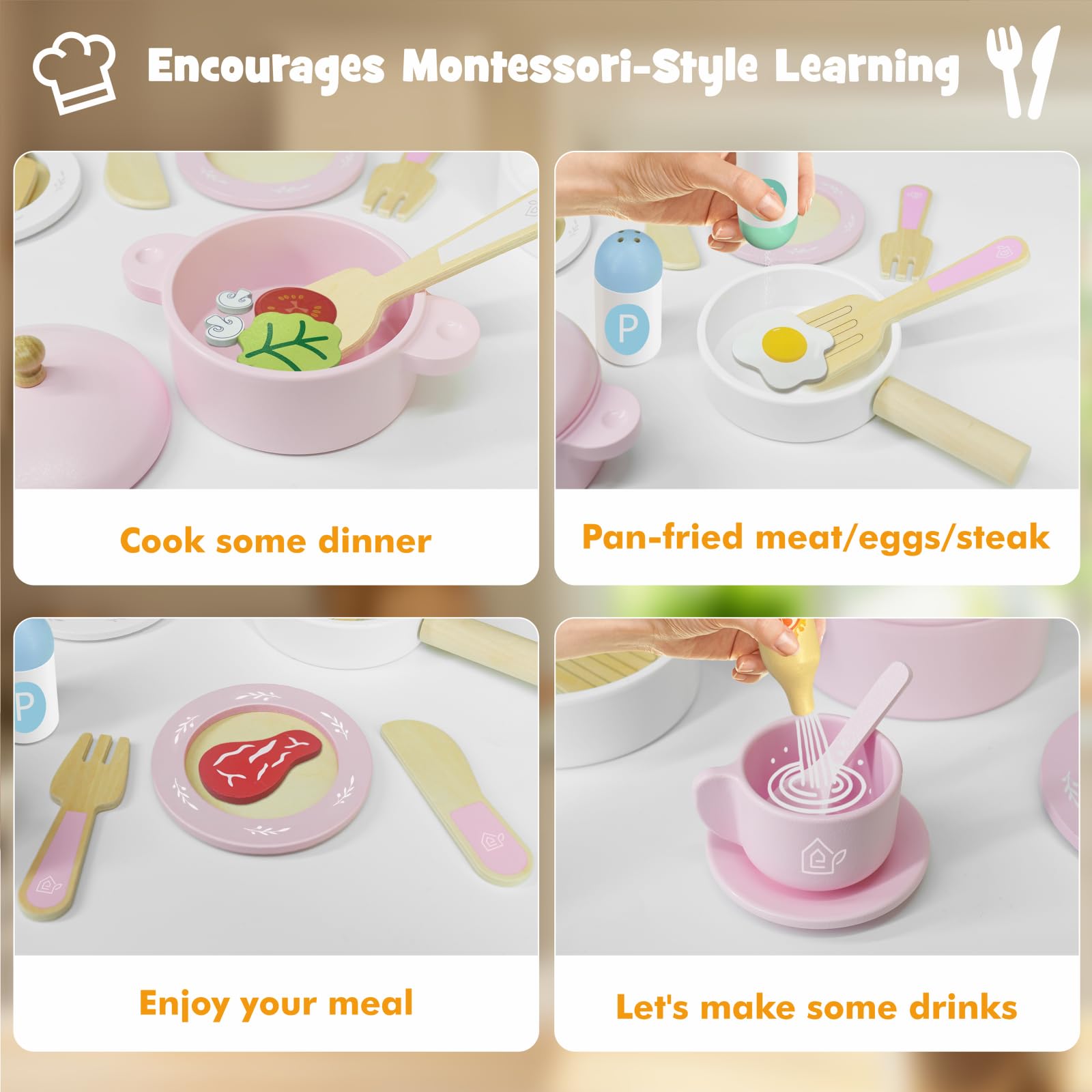 SIMPLIPLAY wooden condiment bottles with bright accents for pretend seasoning.