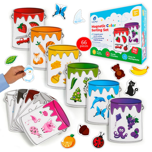 Simply Magic 11 Jars Magnetic Color Sorting Set on fridge supports color recognition learning