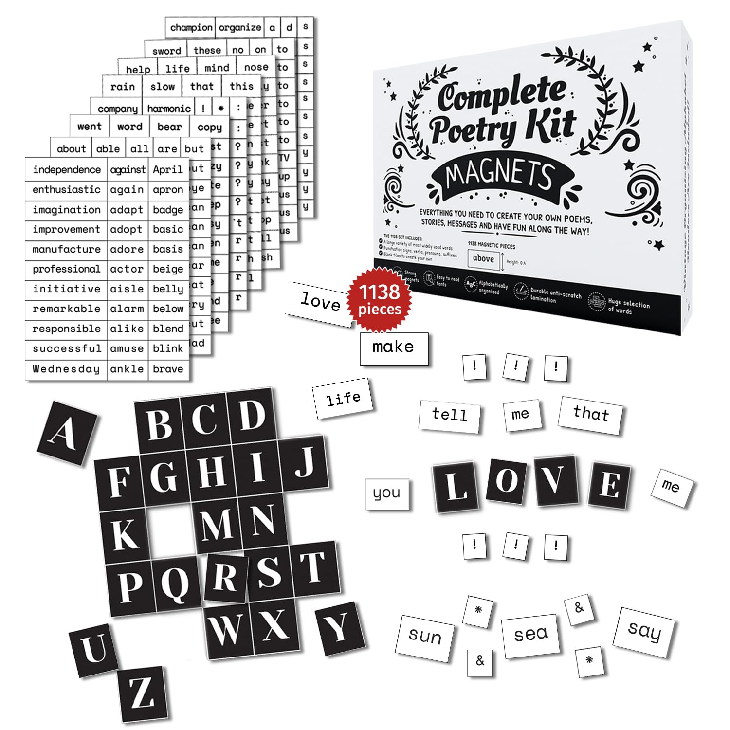 Simply Magic 1138-piece magnets kit on fridge with creative writing words