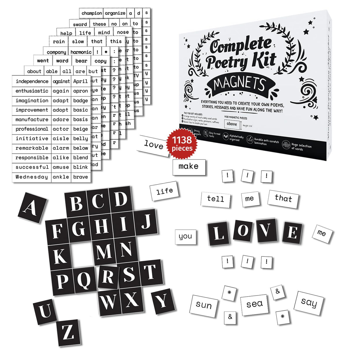 Simply Magic 1138-piece magnets kit on fridge with creative writing words