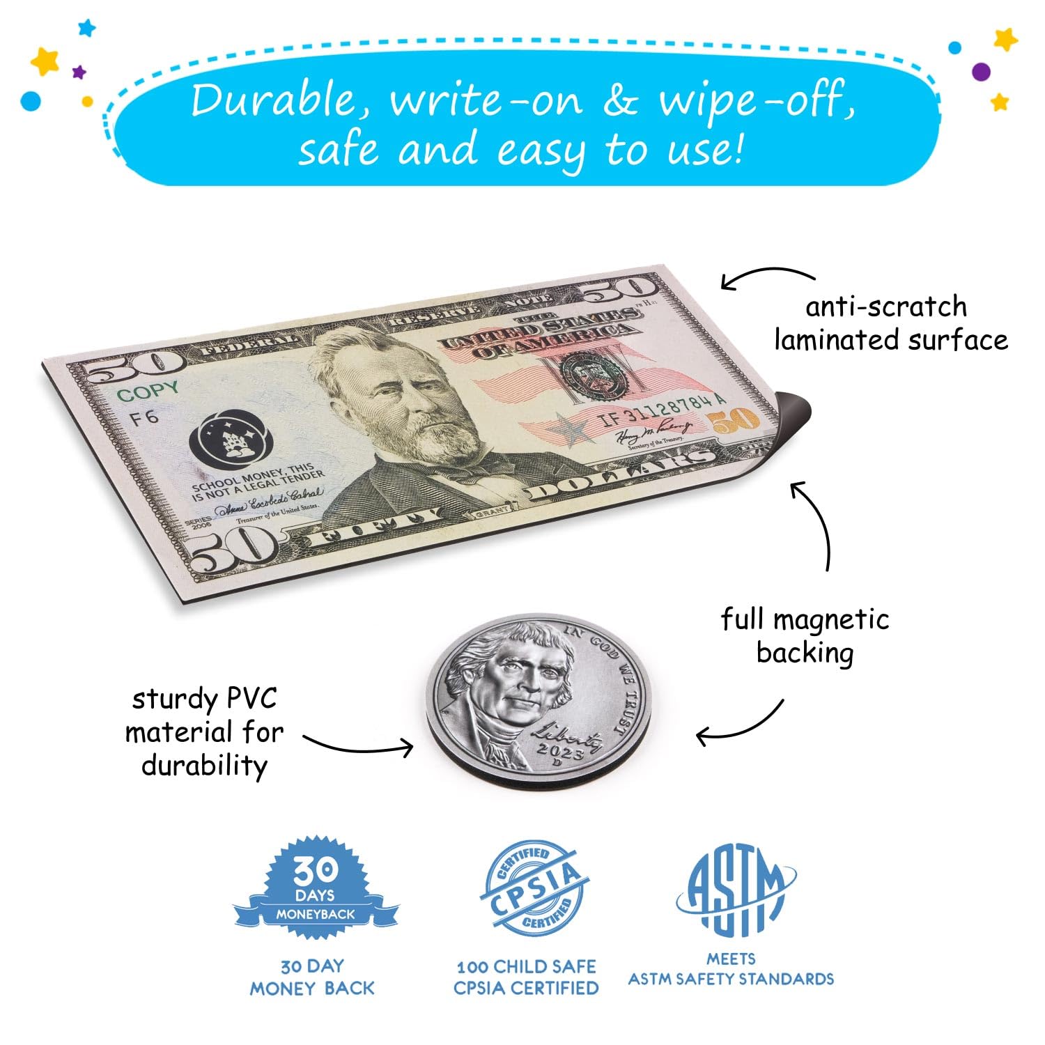 Simply Magic jumbo magnetic money 10-dollar bill for addition and subtraction activities