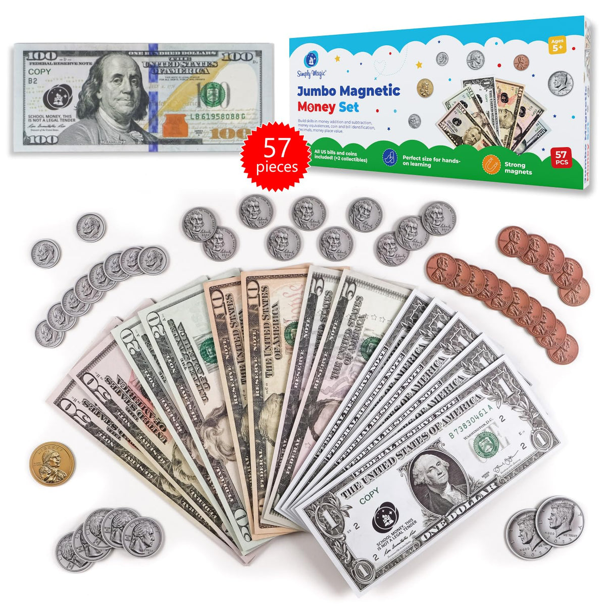 Simply Magic jumbo magnetic money 100-dollar bill for classroom money recognition