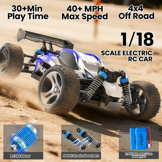 SIMREX 1:18 scale 4WD RC car blue side view ideal for turning and obstacle navigation