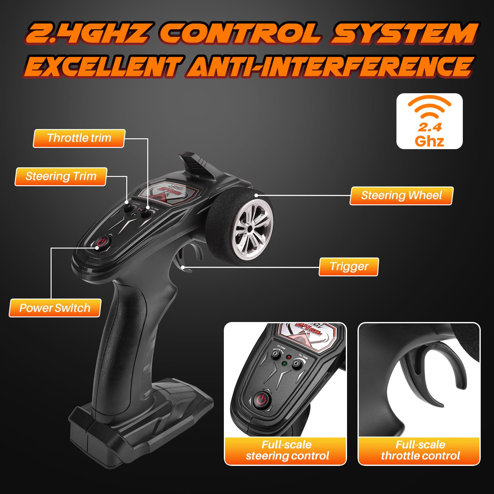 SIMREX 2.4 GHz radio control offers precise steering and reliable signal.