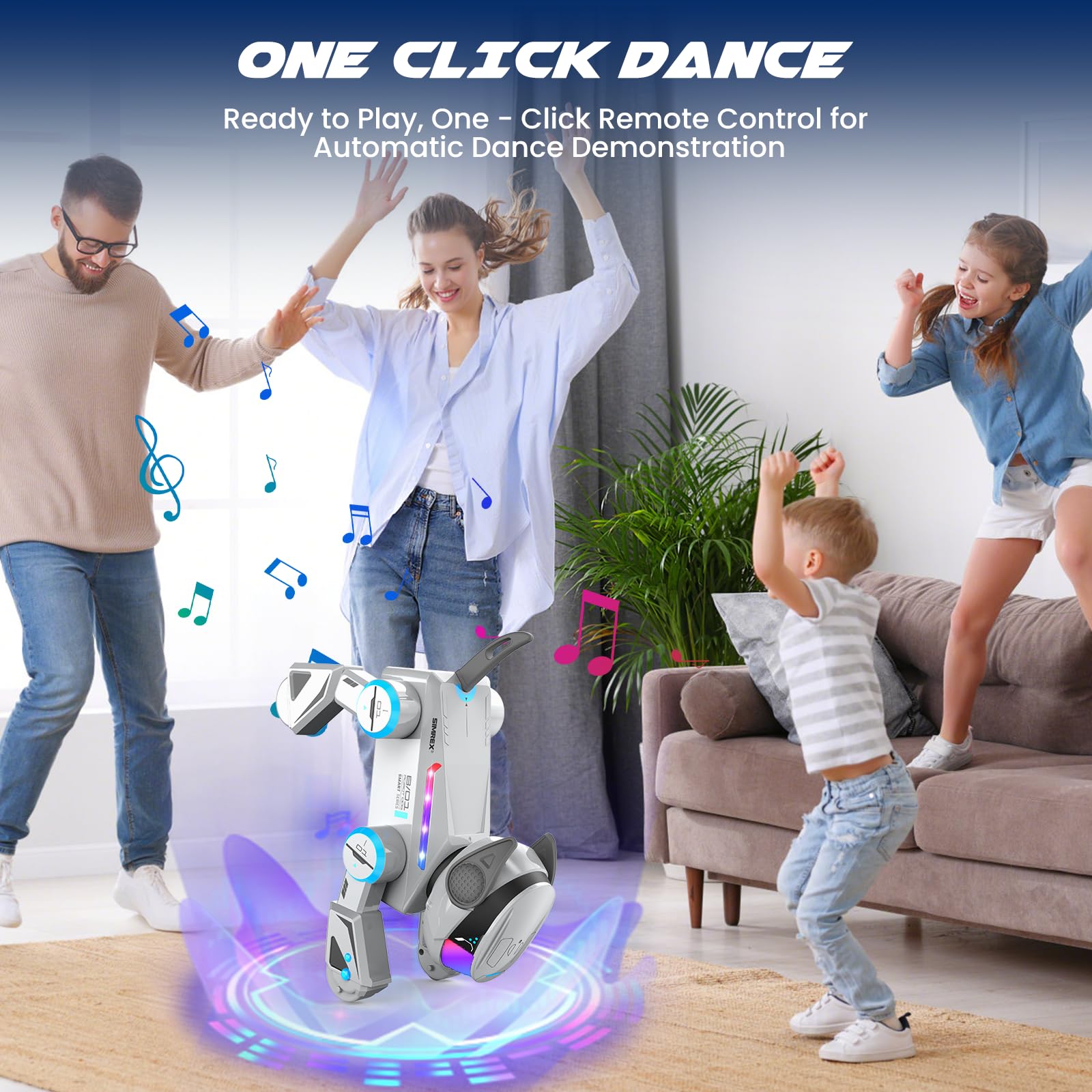 Remote control for straightforward commands to walk, dance, or perform tricks.