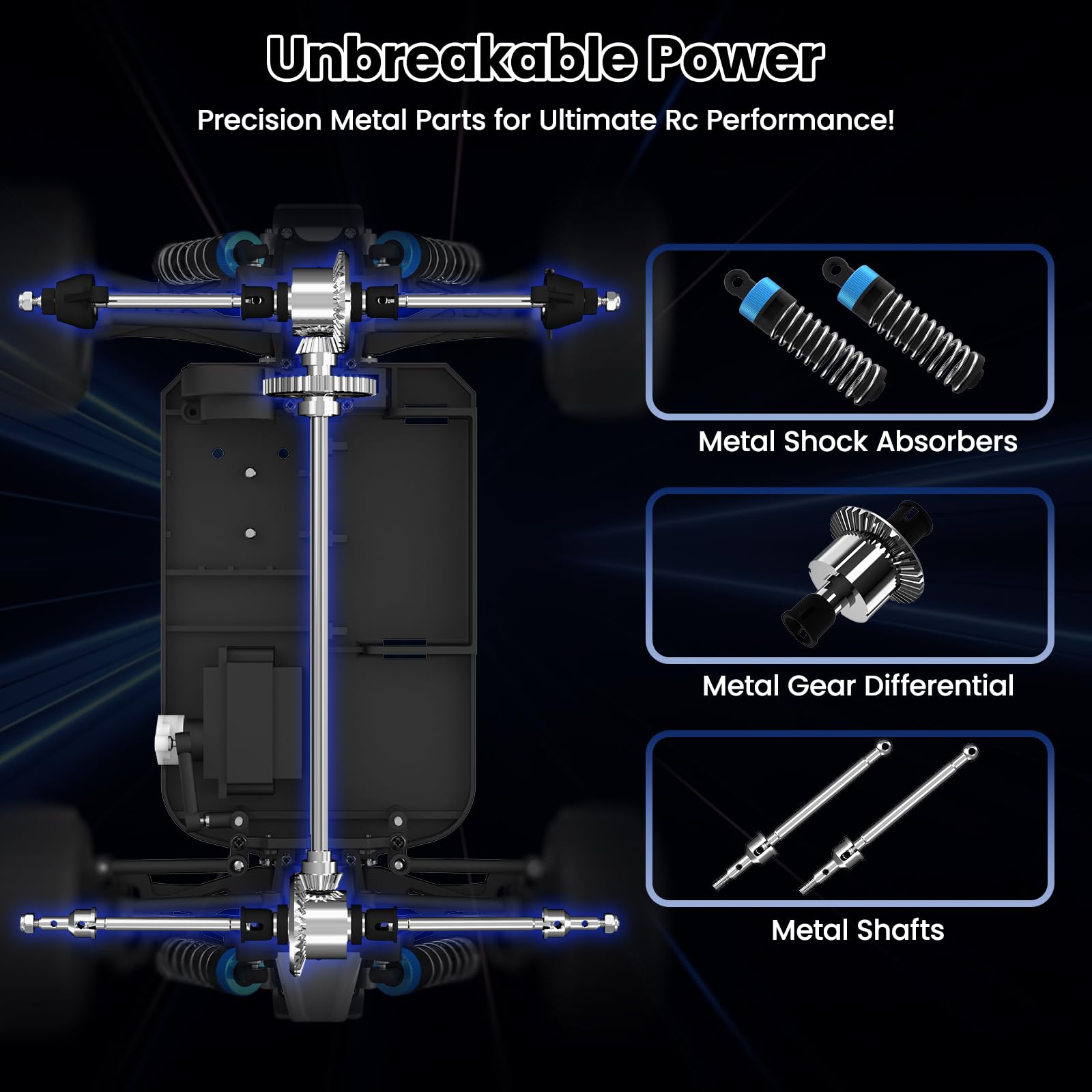 SIMREX blue metal shocks close-up shows durable suspension for jumps
