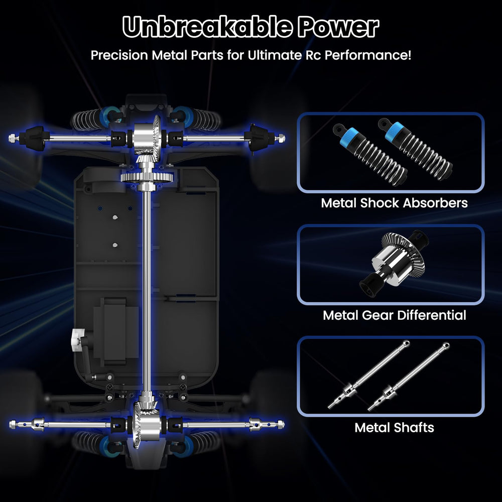 SIMREX blue metal shocks close-up shows durable suspension for jumps