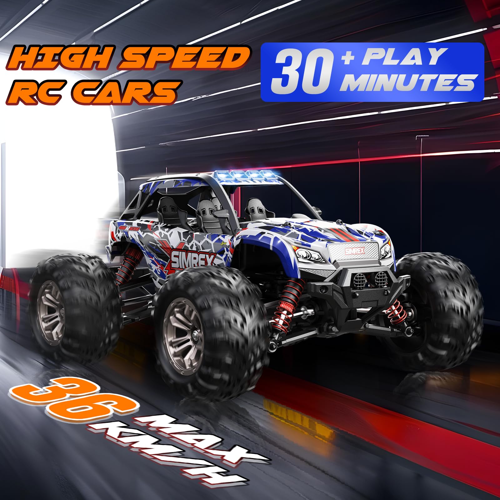 SIMREX independent suspension system smooths rough terrain for stable rides.