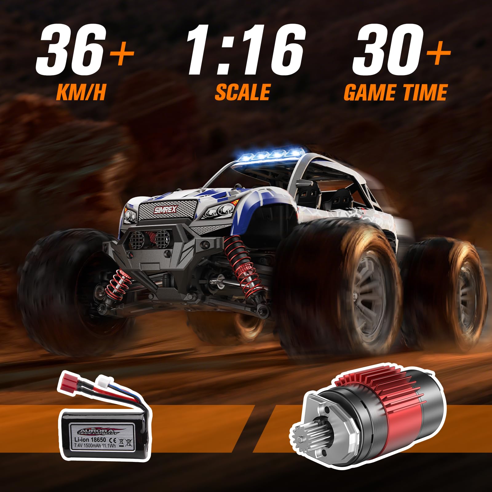 SIMREX vehicle with bright LED headlights for night-ready fun and visibility.