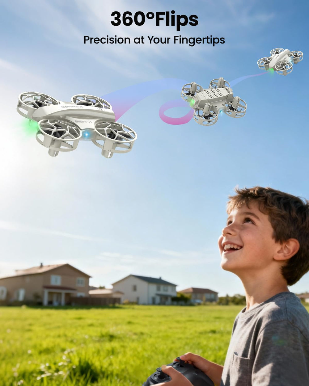 SIMREX Mini Drone gray with cool LED lights for dusk or indoor flights.