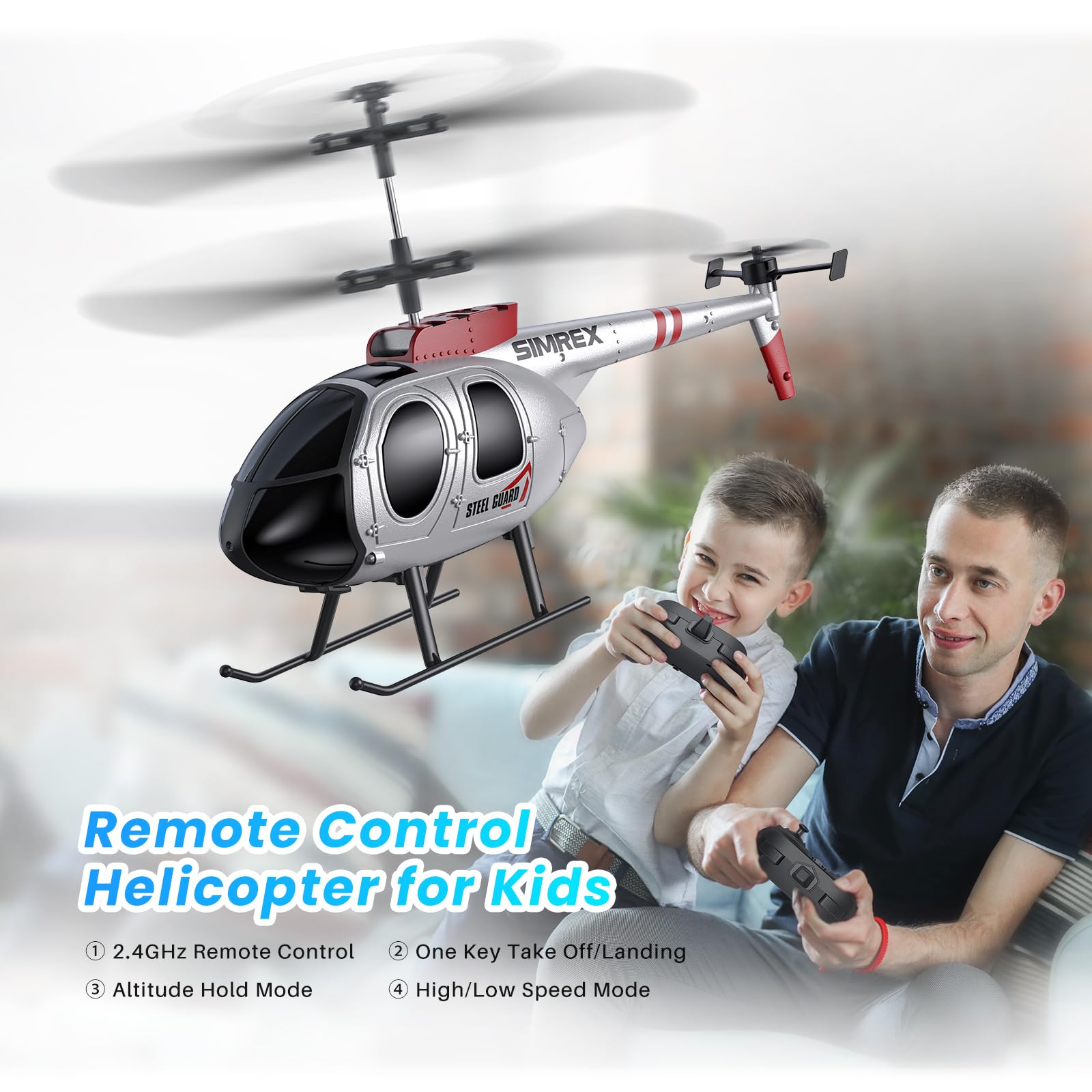 SIMREX RC Helicopter with altitude-hold for steady hovering indoors.