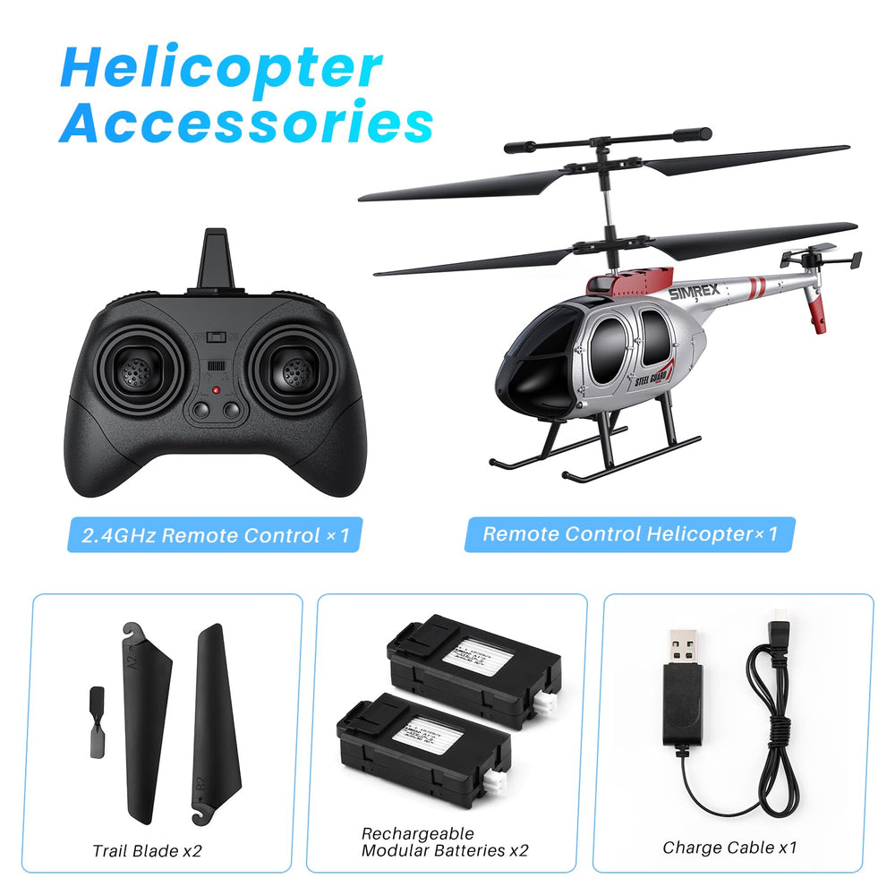 SIMREX RC Helicopter charges via USB for quick recharges between flights.