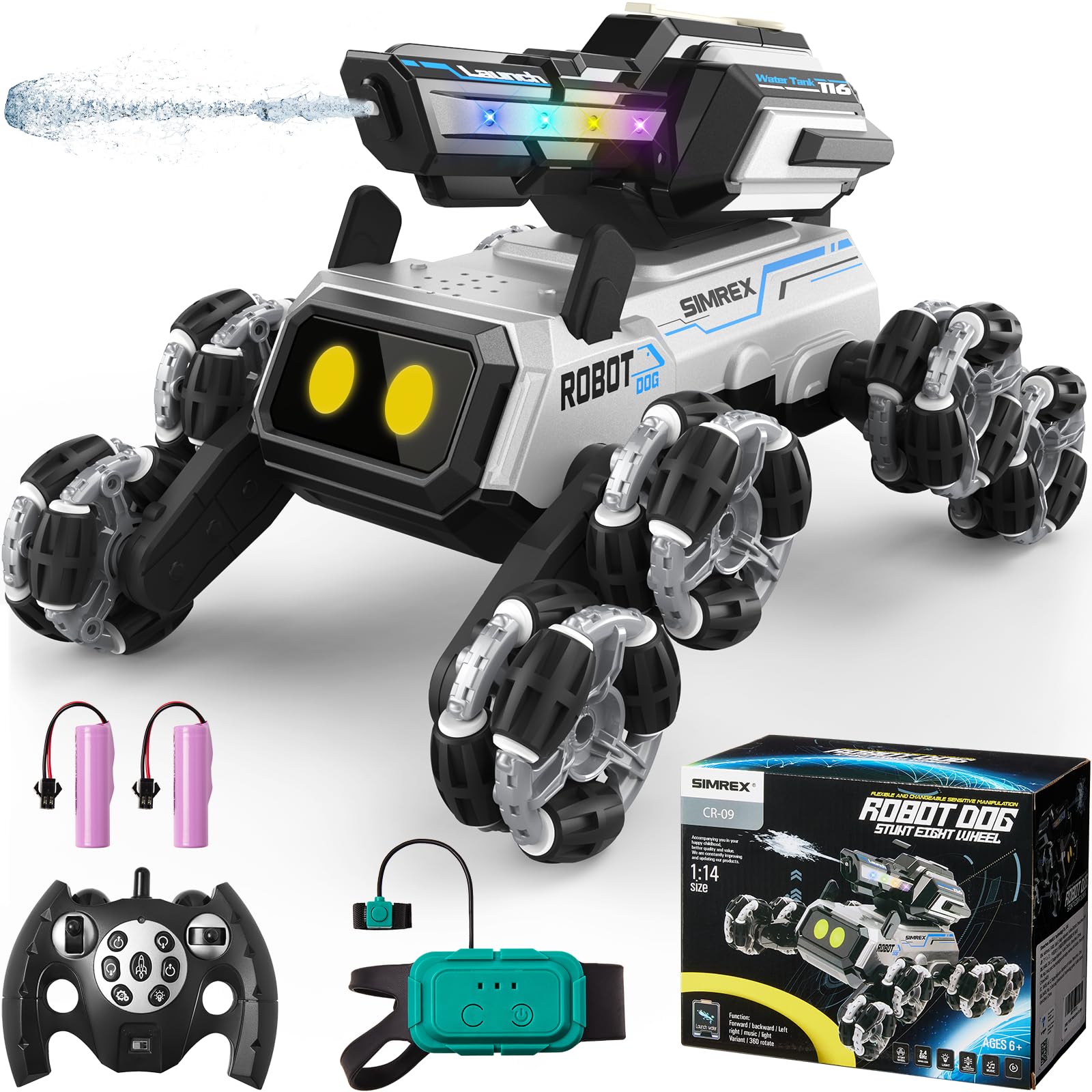 SIMREX robot dog front view with RGB eyes for interactive play and stunts.