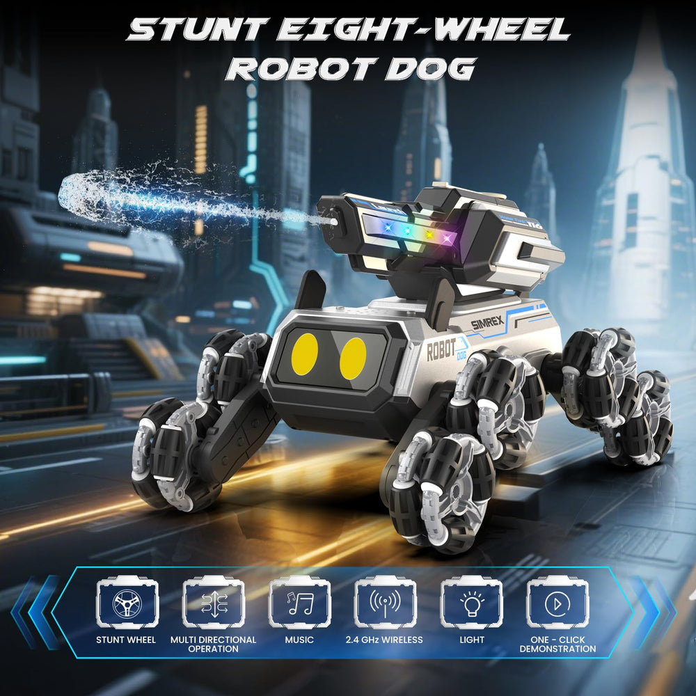 SIMREX robot dog side view highlighting mecanum wheels for 360° mobility.