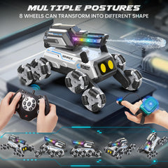 SIMREX robot dog close-up showing mecanum wheel layout for 360° mobility.