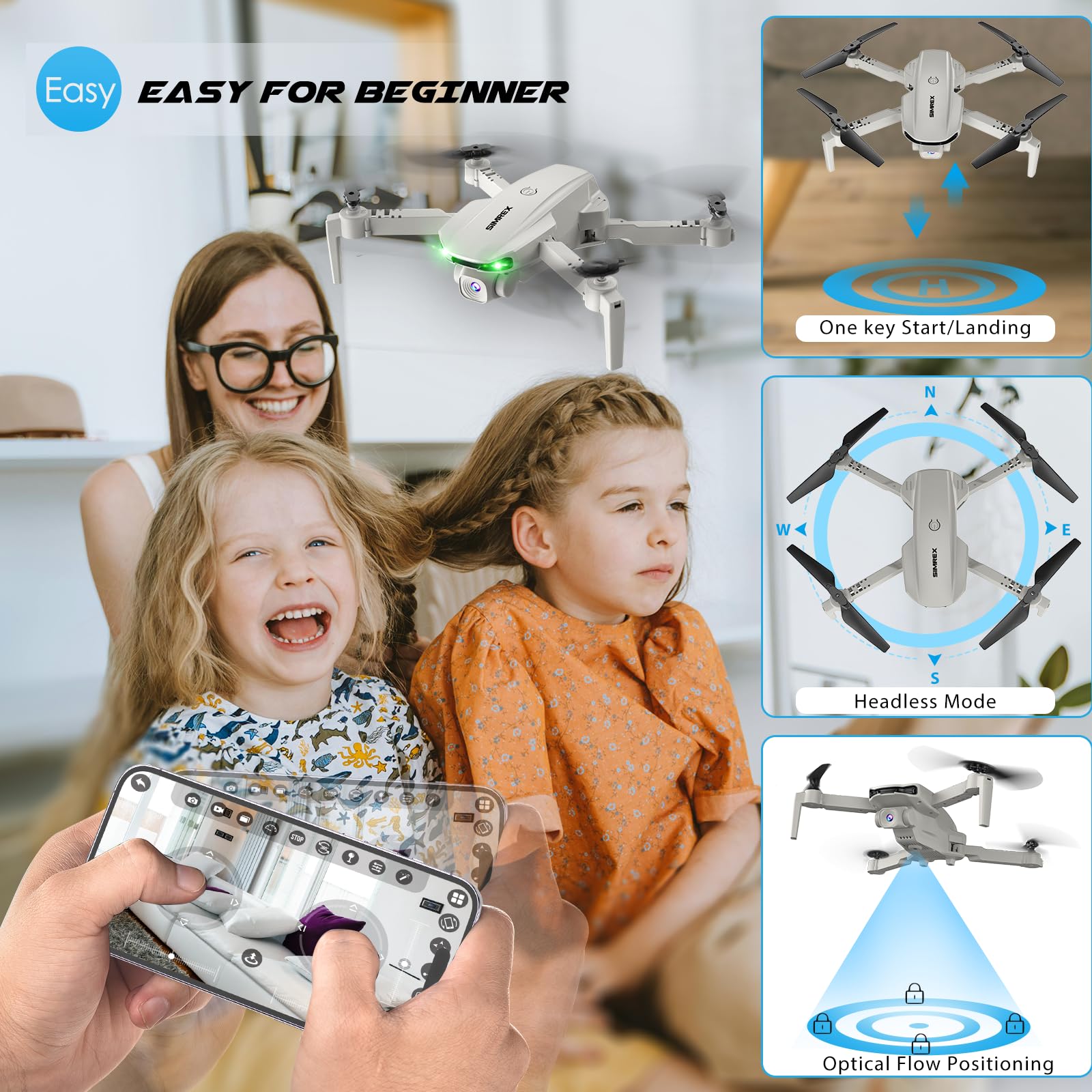 SIMREX X800 uses altitude hold and optical flow for stable hover.
