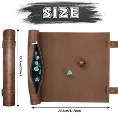 SIQUK dice scroll mat camel unfolded with magnetic straps for portable RPG sessions.