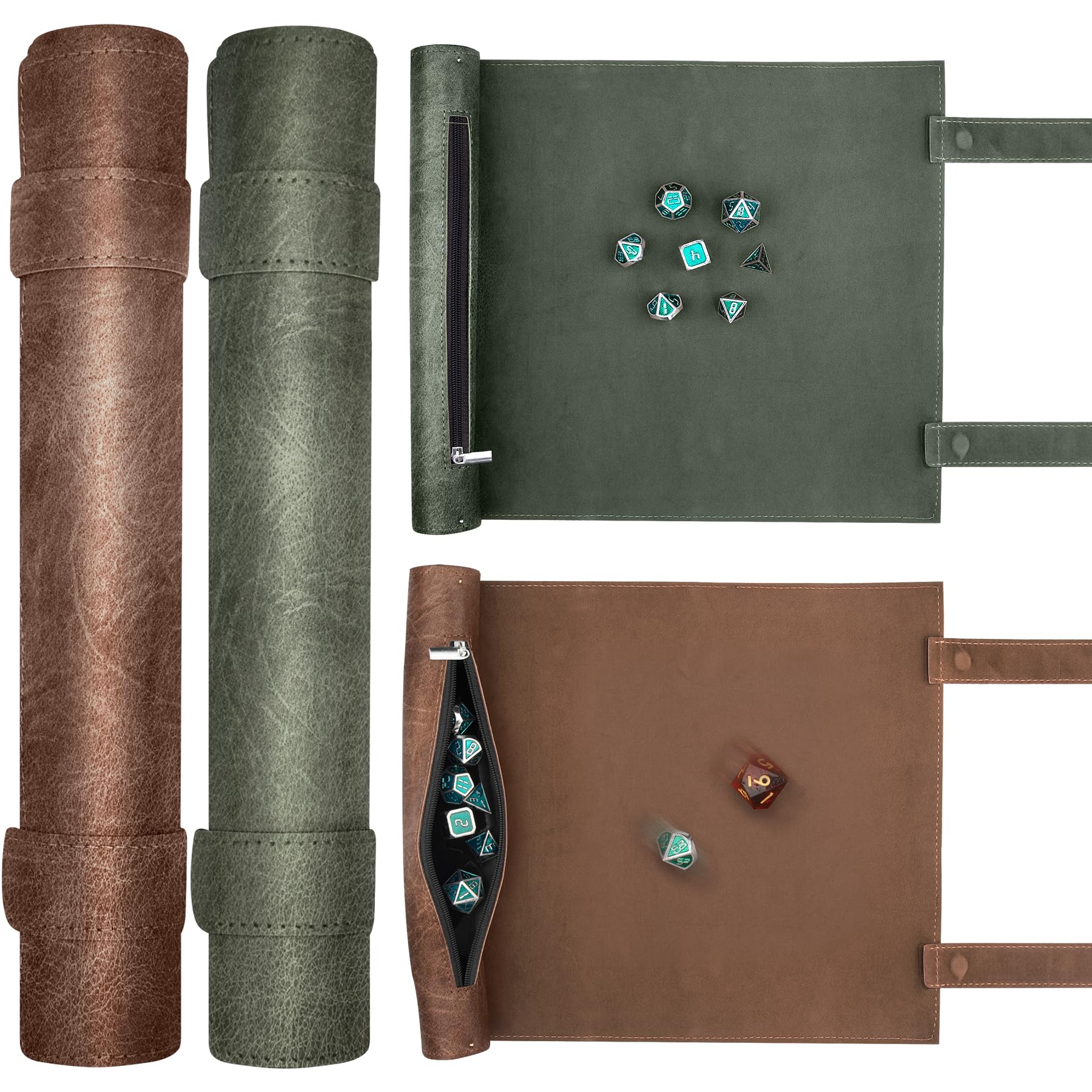 SIQUK dice scroll mat green unfolded with magnetic straps for portable RPG sessions.
