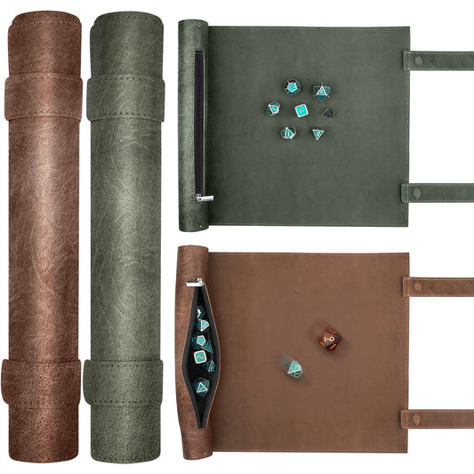 SIQUK dice scroll mat green unfolded with magnetic straps for portable RPG sessions.