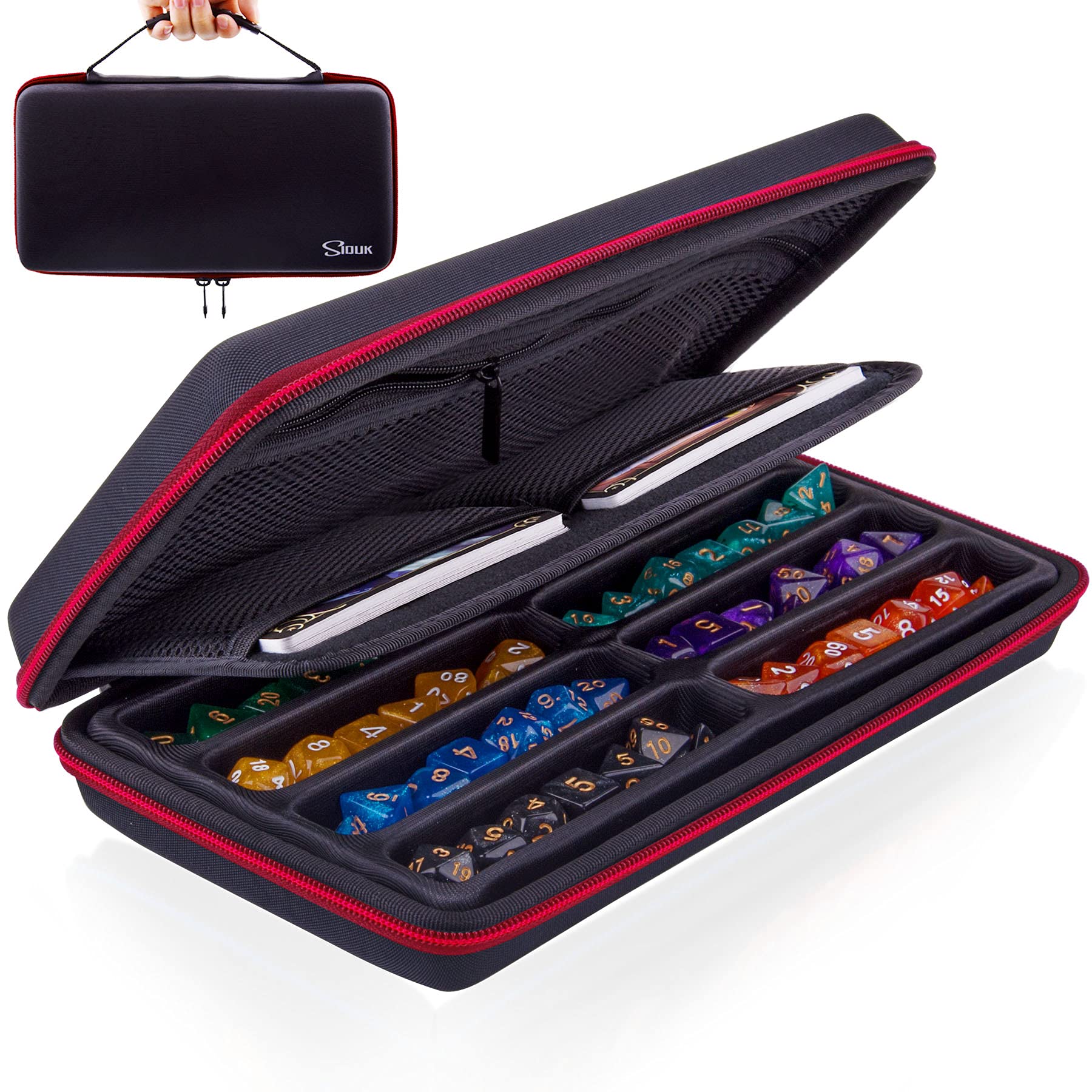 SIQUK Dice Storage Case with dice tray keeps dice organized for quick access.