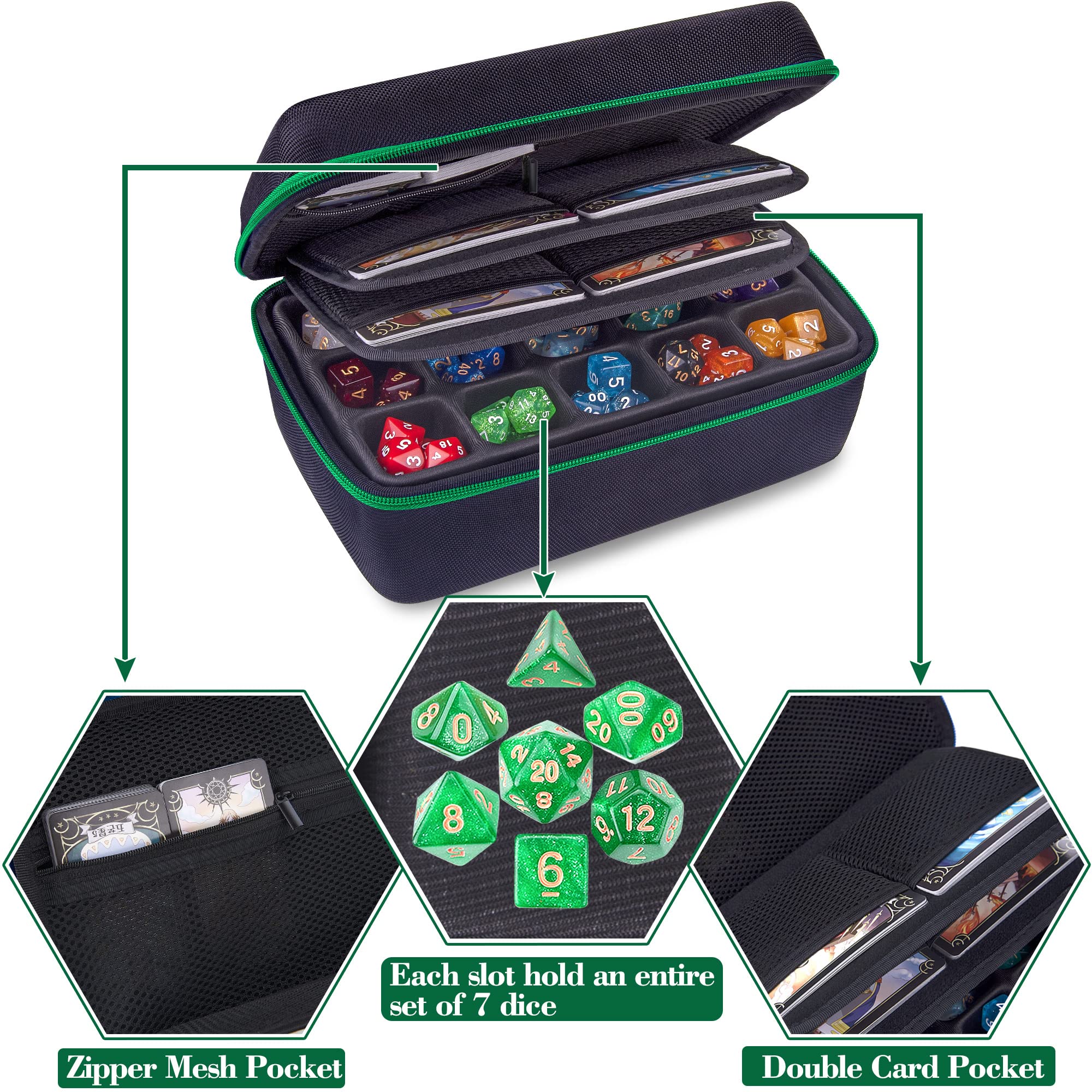 SIQUK case with double removable trays for easy access to dice sets.