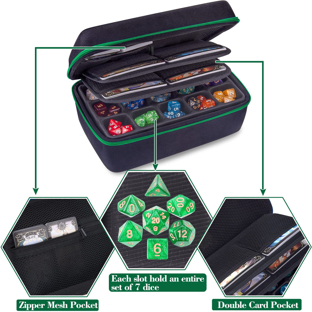 SIQUK case with double removable trays for easy access to dice sets.