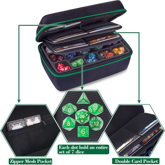 SIQUK case with double removable trays for easy access to dice sets.