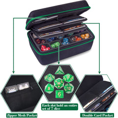 SIQUK case with double removable trays for easy access to dice sets.