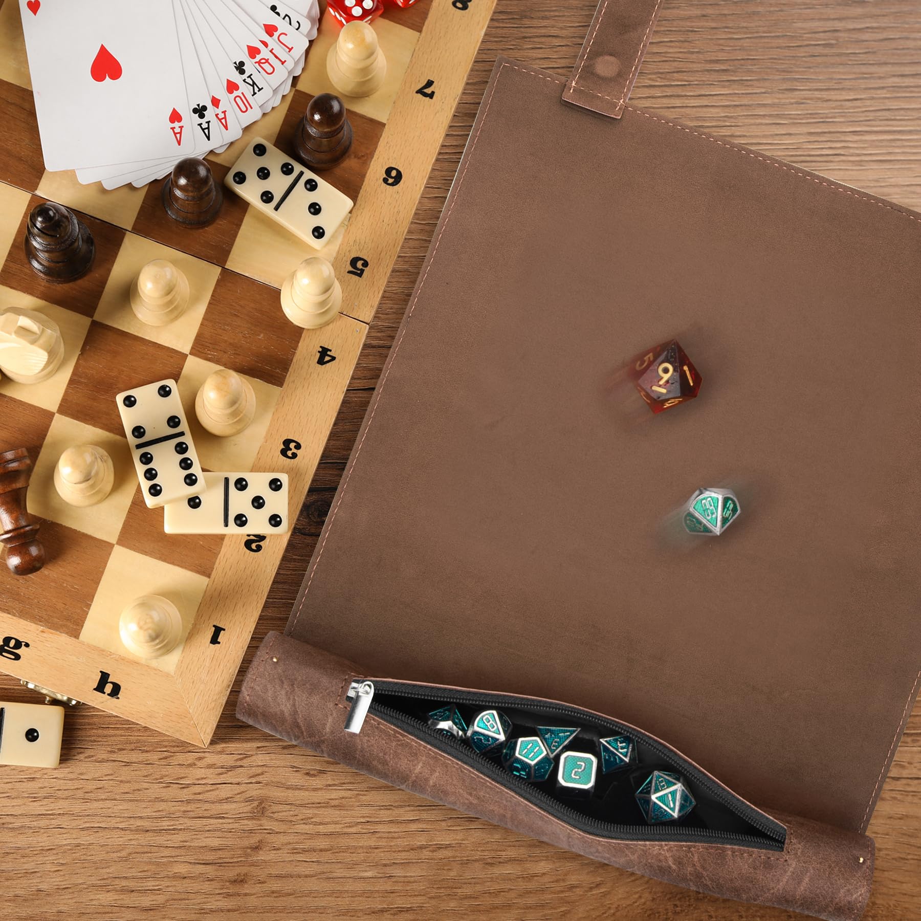 SIQUK dice tray camel folded compact design with zipper pocket for easy access.