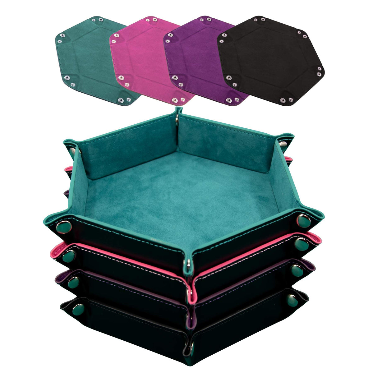 SIQUK hexagon dice tray cyan open, velvet lining visible for safe rolls