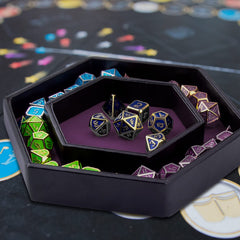 Durable black PU leather outside of SIQUK dice tray in purple finish