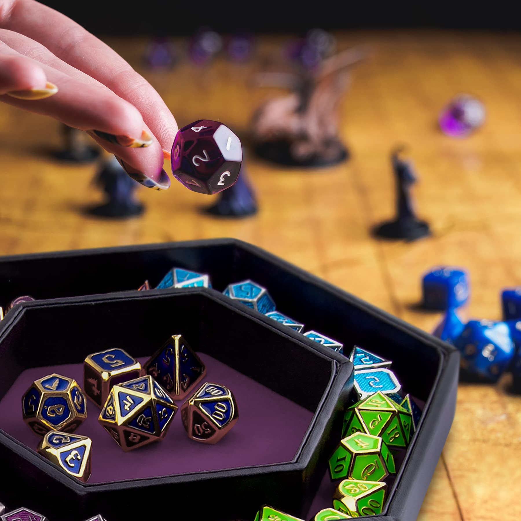 SIQUK purple hexagon dice tray on table ready for RPG session