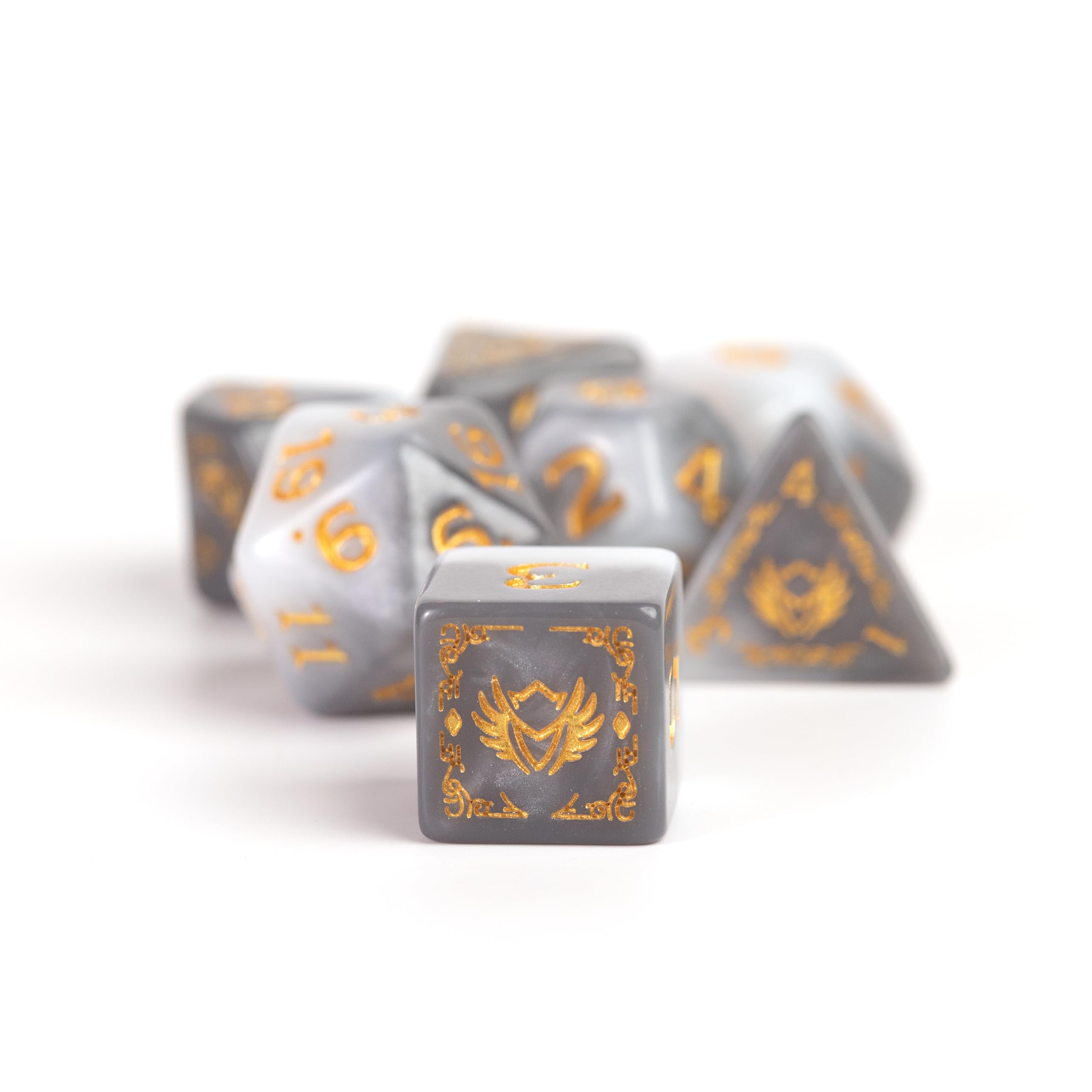 Sirius Dice Paladin white-grey-d20 set shows balanced design for heroic campaigns