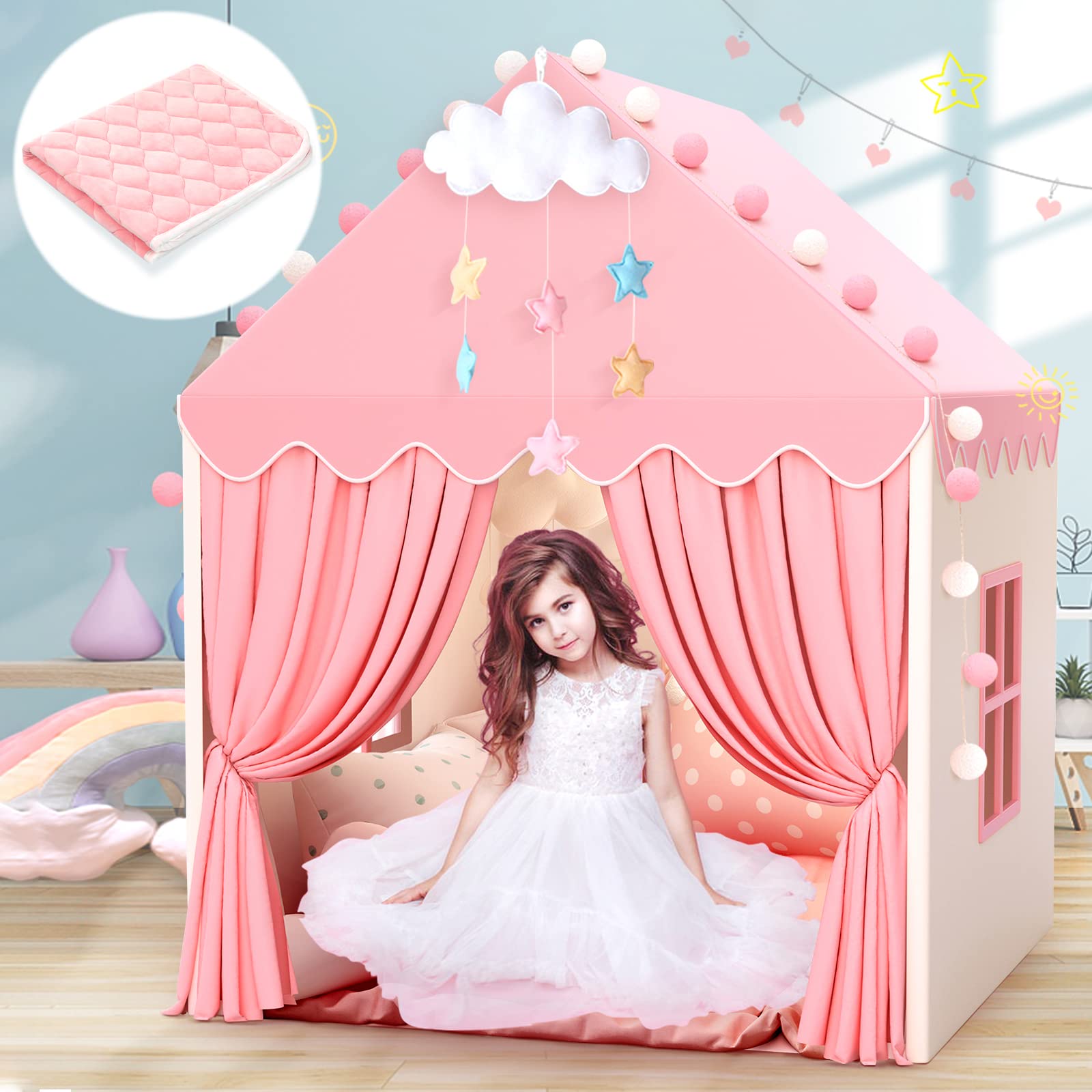 SISTICKER Kids Play Tent with Mat; princess castle open front for imaginative pretend play.