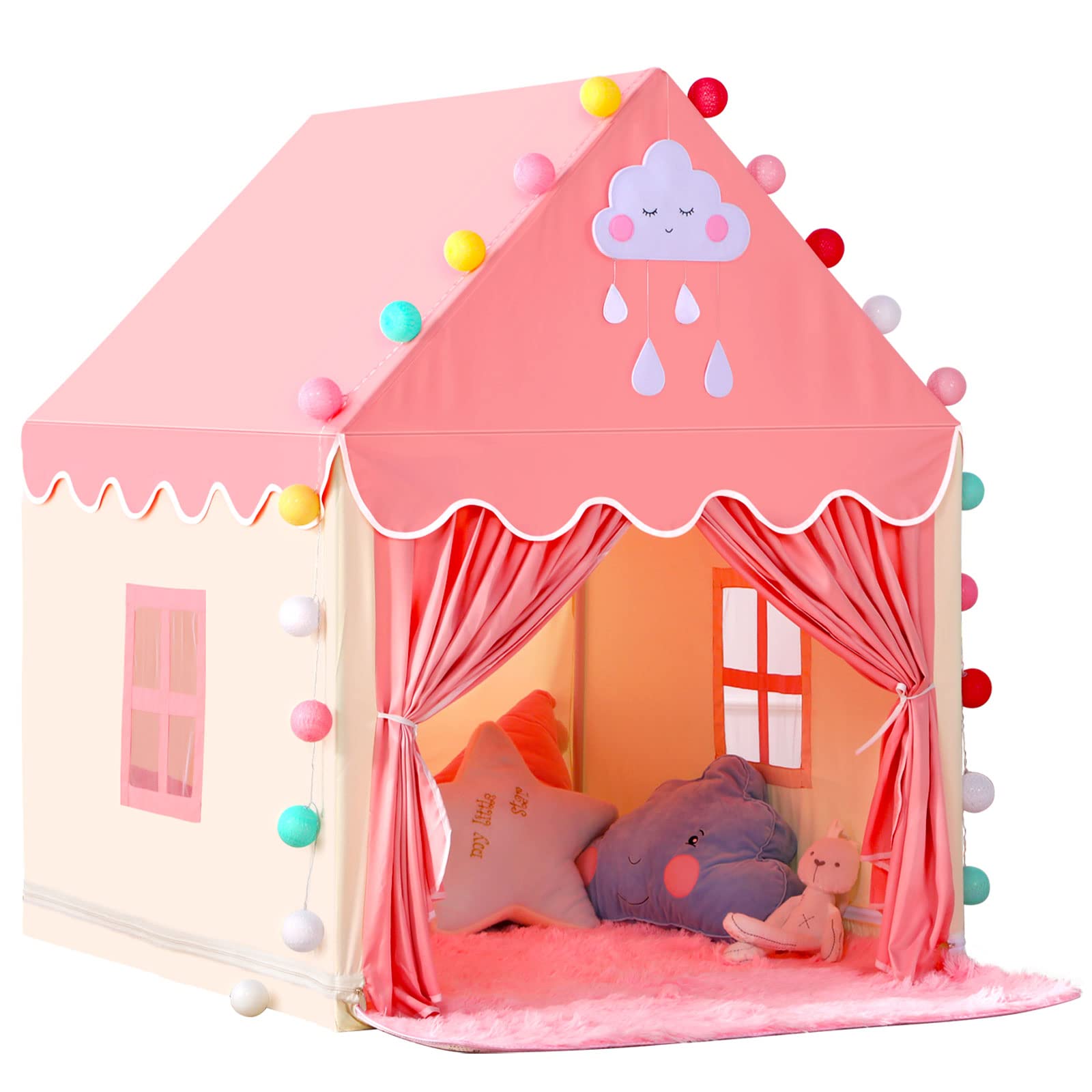SISTICKER pink princess castle tent provides cozy imaginative play space.