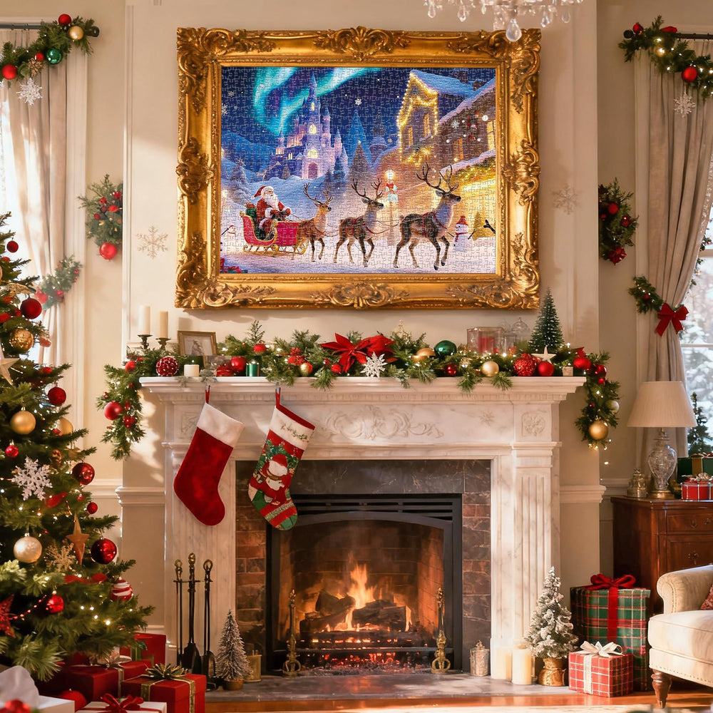 Sitanflex aurora borealis puzzle scene with Santa, vibrant colors for festive decorating.